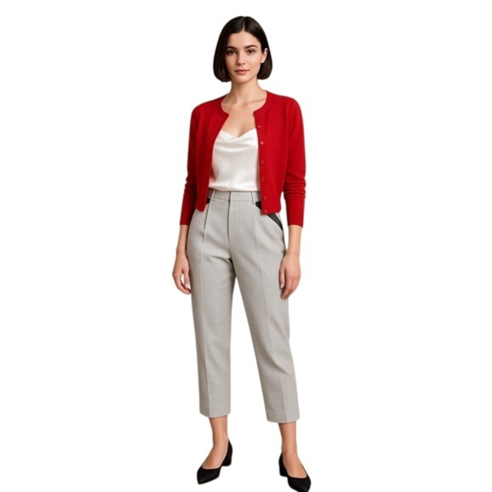 Cahiers Polyester Pleated Tapered Pants Gray Contrast Trim Office Career Size M